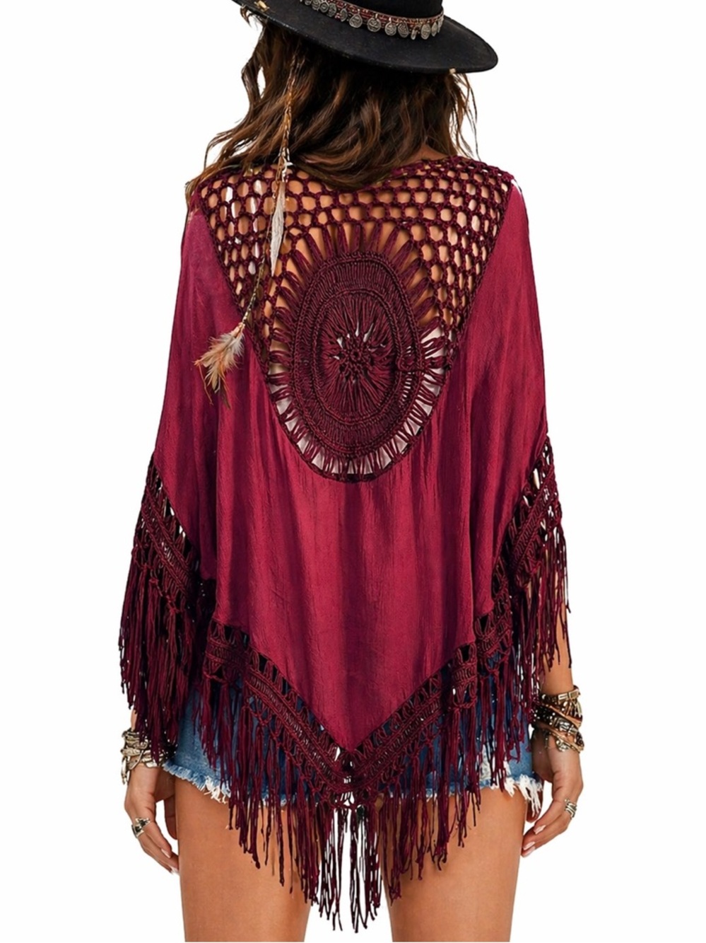 Everleigh Anthropology Crochet Fringe Kimono Festival Boho Duster Burgundy M